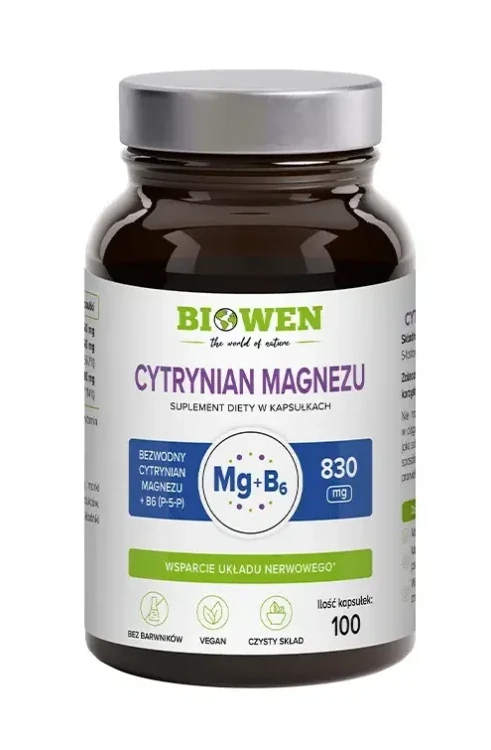 Biowen Cytrynian Magnezu 825 mg z witaminą B6 (P-5-P) 100 kapsułek Vege wspiera układ nerwowy