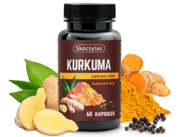 Kurkuma Skoczylas – naturalne składniki: kurkuma, imbir, pieprz czarny, opakowanie 60 kapsułek