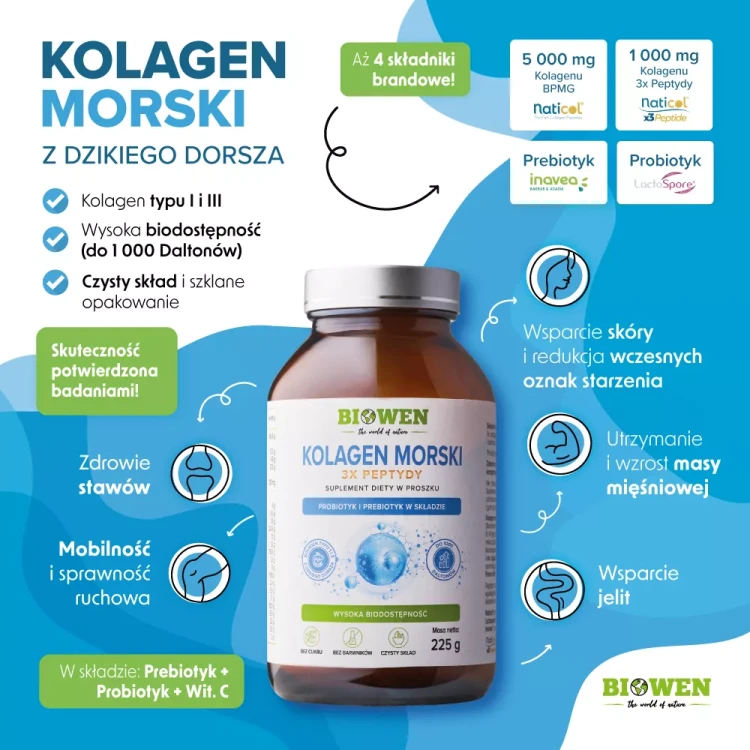 Biowen Kolagen morski 3x Peptydy, proszek 30 porcji Wspiera stawy, kości, skórę