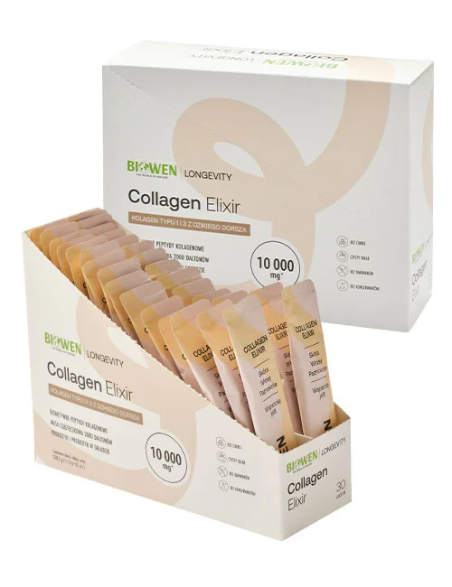 Biowen Collagen Elixir 10 000 mg - Kolagen rybi peptydowy typu I i III 3x Naticol®, proszek 30 saszetek, Kompleksowe wsparcie kondycji skóry, włosów, stawów i kości