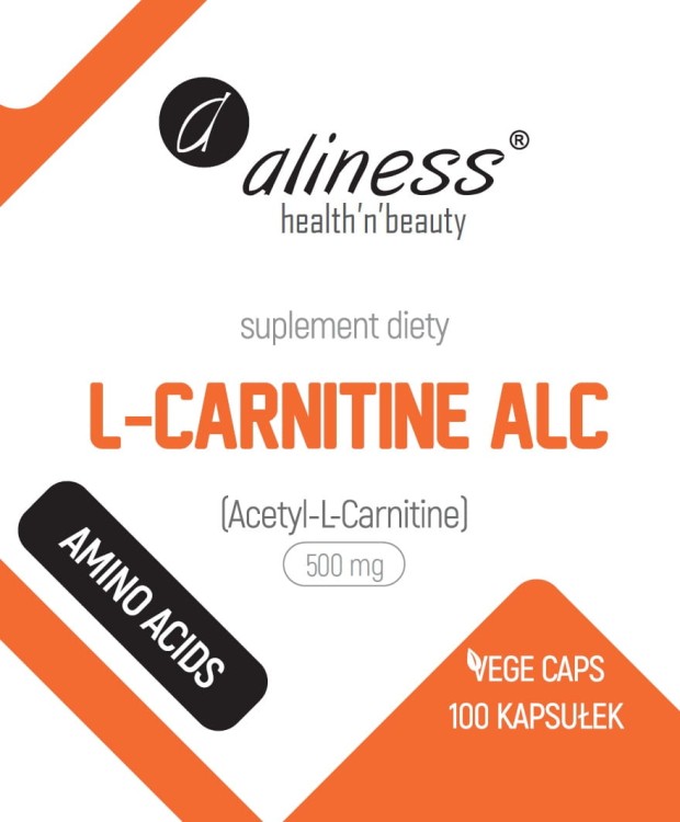 Etykieta produktu Aliness L-Carnityne ALC z oznaczeniem dawki 500 mg acetylo L-karnityny i liczby 100 kapsułek VEGE