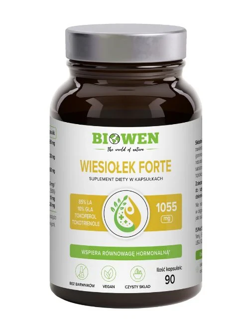Biowen Wiesiołek Forte (Olej z wiesiołka) - 90 kapsułek, Wspiera układ hormonalny, skórę oraz prawidłowy poziom cholesterolu