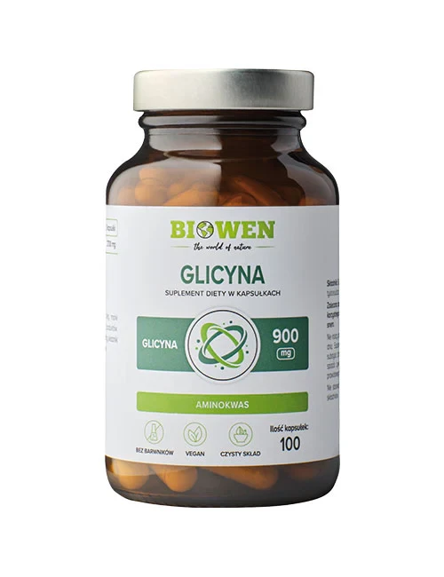 Biowen Glicyna 900 mg - 100 kapsułek Vege Wspiera jakość snu, regenerację mięśni i stawów oraz układ nerwowy