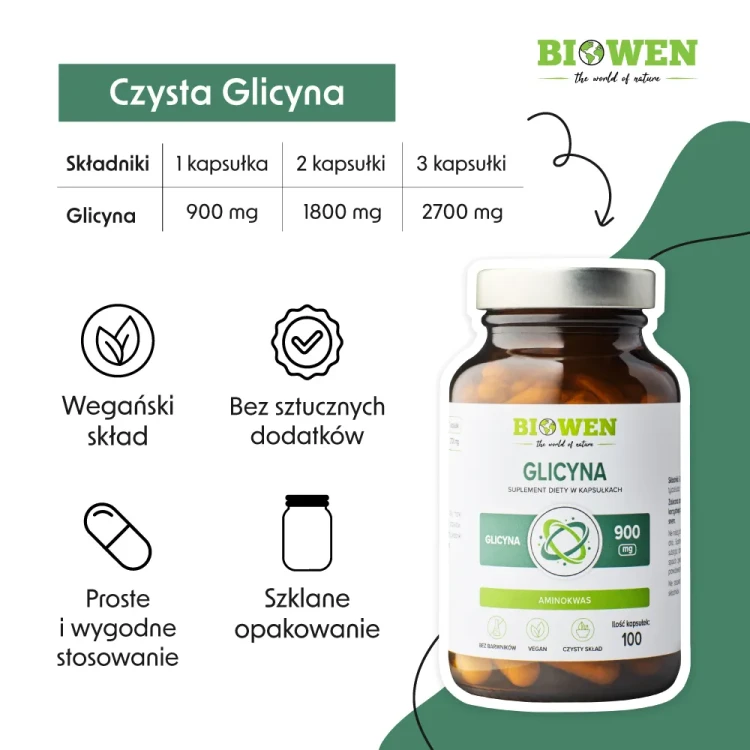 Biowen Glicyna 900 mg - 100 kapsułek Vege Wspiera jakość snu, regenerację mięśni i stawów oraz układ nerwowy