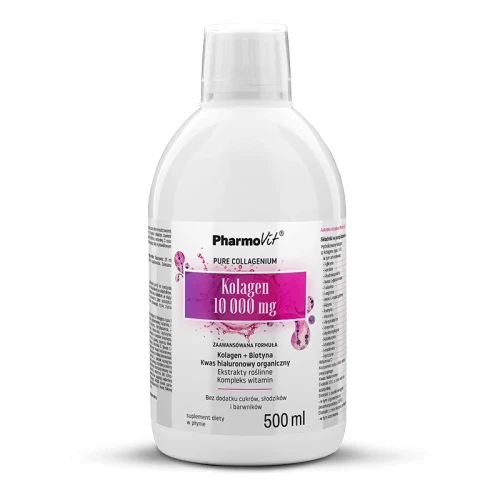 PharmoVit Kolagen Wołowy 10000 mg, Kwas Hialuronowy, Biotyna, Kompleks Witamin - w Płynie 500 ml (20 porcji) Wspiera stawy, kości, skórę