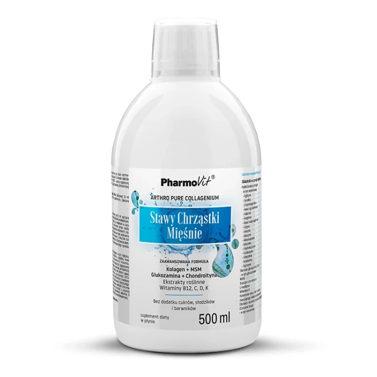 PharmoVit Stawy Chrząstki Mięśnie - w Płynie 500 ml (33 porcje) Kolagen Wołowy, Glukozamina, MSM, Chondroityna, Witaminy, Ekstrakty Roślinne