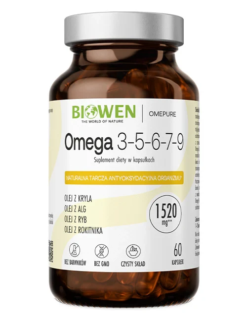 Biowen Omega 3-5-6-7-9 Olej z kryla, rokitnika, czarnuszki, wiesiołka i awokado - 60 kapsułek Wspiera skórę, wzrok, mózg i odporność