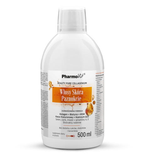 PharmoVit Włosy Skóra Paznokcie - w Płynie 500 ml (33 porcje) Kolagen Wołowy, Kwas Hialuronowy, Koenzym Q10, Biotyna, MSM, Kompleks Witamin i Minerałów