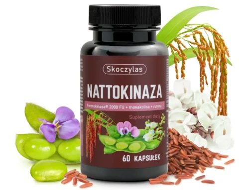 Naturalne składniki - fermentowana soja natto, czerwony ryż i perełkowiec japoński jako źródło nattokinazy, monakoliny i rutyny