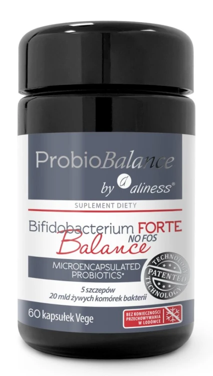 Butelka probiotyku Aliness ProbioBALANCE Bifidobacterium FORTE Balance NO FOS z fioletowego szkła, 60 kapsułek vege