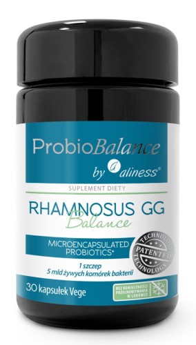 Aliness ProbioBALANCE Rhamnosus GG Balance – fioletowa butelka z 30 kapsułkami vege, probiotyk mikrokapsułkowany