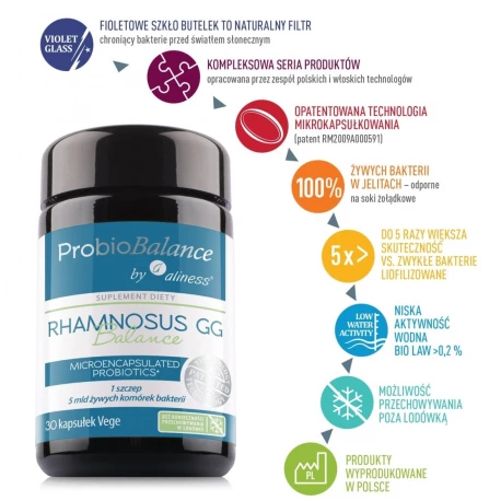 Aliness ProbioBALANCE, Probiotyk Rhamnosus GG Balance 5 mld - 30 kapsułek Vege Wspiera prawidłowe funkcjonowanie jelit