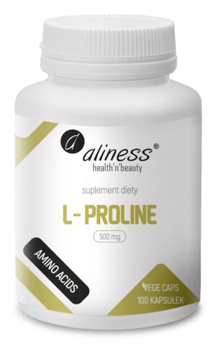 Aliness L-Proline 500 mg - 100 kapsułek VEGE Wspiera produkcję kolagenu, wzmocnienie układu ruchu
