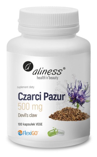 Opakowanie Aliness Czarci Pazur 500 mg Devil's Claw, 100 kapsułek VEGE