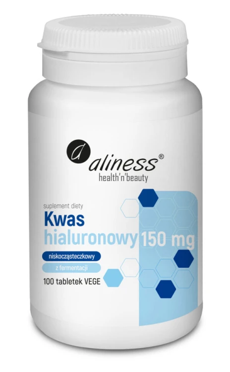 Aliness Kwas hialuronowy niskocząsteczkowy 150 mg - 100 tabletek Vege Wspiera odpowiednie nawilżenie tkanek i zdrowy wygląd skóry