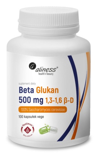 Opakowanie suplementu diety Aliness Beta Glukan Yestimun® 500 mg, 100 kapsułek vege, z oznaczeniem 100% Saccharomyces cerevisiae