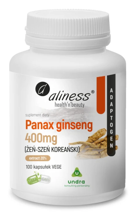 Aliness Panax Ginseng (ŻEŃ-SZEŃ KOREAŃSKI) 400mg - 100 kapsułek VEGE Wspiera dobre samopoczucie, dodaje energii