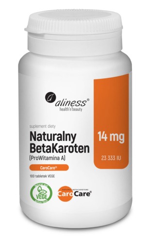 Opakowanie suplementu diety Aliness Naturalny BetaKaroten 14 mg, 100 tabletek vege, CaroCare®