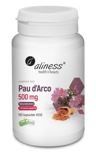 Opakowanie suplementu diety Aliness Pau d’Arco 500 mg, 100 kapsułek vege, sproszkowana kora z drzewa Lapacho
