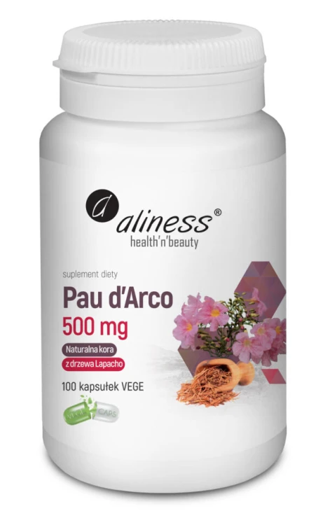 Aliness Pau d’Arco (kora Lapacho) 500mg - 100 kapsułek VEGE Wzmacnia odporność, silne właściwości przeciwgrzybiczne (Candida), przeciwbakteryjne i przeciwwirusowe