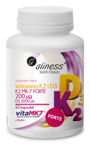 Opakowanie suplementu diety Aliness Witamina K2 MK-7 FORTE 200 µg z Natto i witaminą D3 2000 j.m., 60 kapsułek