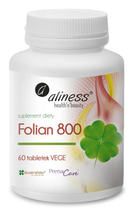Aliness PrenaCare® Folian 800 µg (Kwas foliowy) dla Kobiet w ciąży - 60 tabletek VEGE Wspiera wzrost i rozwój tkanek matczynych