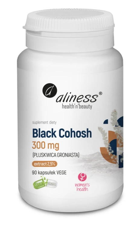 Aliness Black Cohosh 300mg (Pluskwica Groniasta) dla Kobiet 90 kapsułek VEGE Wspiera dobre samopoczucie w okresie menopauzy