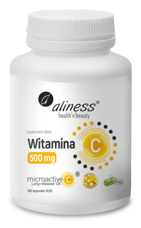 Aliness Witamina C 500 mg, microactive (długouwalniająca sie przez 12h) 100 Kapsułek Vege Wspiera układ odpornościowy