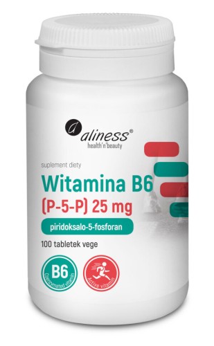 Opakowanie Aliness Witamina B6 P-5-P 25 mg - z tabletkami VEGE, 100 sztuk