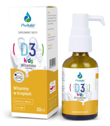 Avitale D3 KIDS 400 IU z Lanoliny, dla Dzieci w kroplach - 600 porcji Wspiera odporność i zdrowie kości