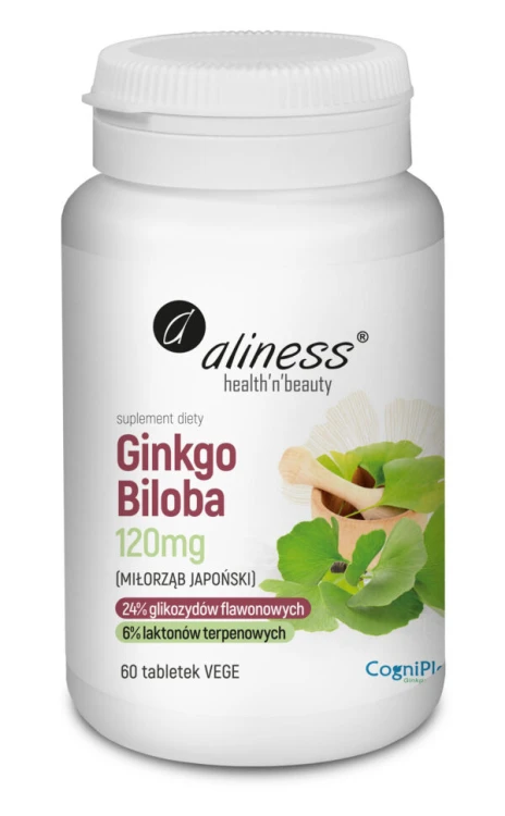Aliness Ginkgo Biloba (miłorząb japoński) 120 mg - 60 tabletek VEGE wspiera pamięć i koncentrację