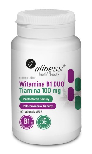Opakowanie suplementu diety Aliness Witamina B1 DUO Tiamina 100 mg, 100 tabletek VEGE