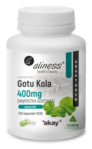 Opakowanie suplementu diety Aliness Gotu Kola 400 mg (wąkrotka azjatycka), 100 kapsułek VEGE, z oznaczeniem ekstraktu 20%