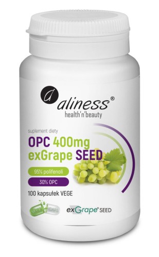 Opakowanie suplementu diety Aliness OPC exGrapeSeeds 400 mg, 100 kapsułek VEGE, z ekstraktem z pestek winogron
