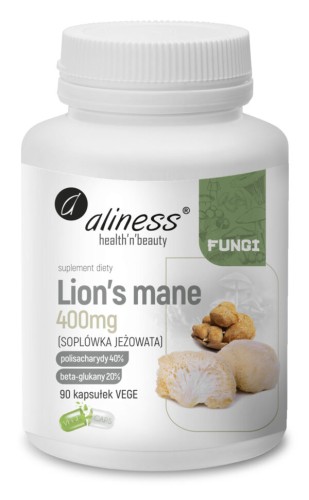 Opakowanie Aliness Lion's Mane Ekstrakt 400 mg – z 90 kapsułkami VEGE z ekstraktu z soplówki jeżowatej