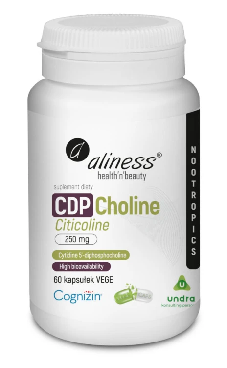 Aliness CDP Choline (Citicoline) Cytykolina 250 mg - 60 kapsułek Vege Wspiera funkcje poznawcze mózgu, pamięć i koncentrację