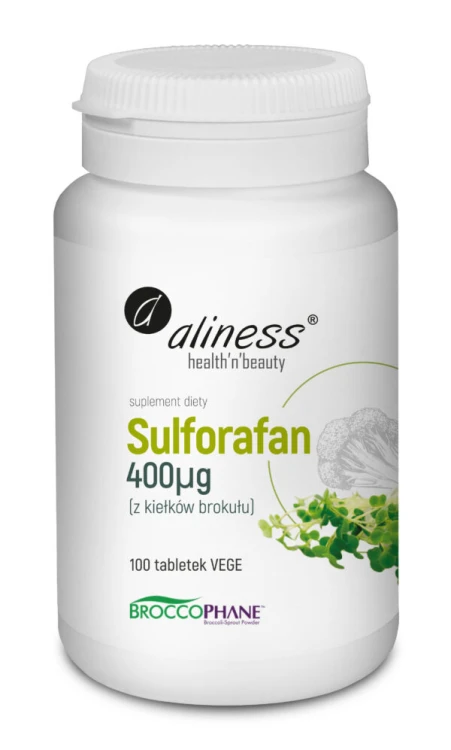 Aliness Sulforafan z kiełków brokułu 400 µg - 100 tabletek Vege Wspiera Detoksykacje, Właściwy poziom cholesterolu i ciśnienia krwi