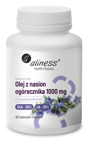 Aliness Olej z nasion ogórecznika 1000 mg (Omega 6) 60 kapsułek miękkich wspiera elastyczność, mobilność stawów i prawidłowy poziom cholesterolu