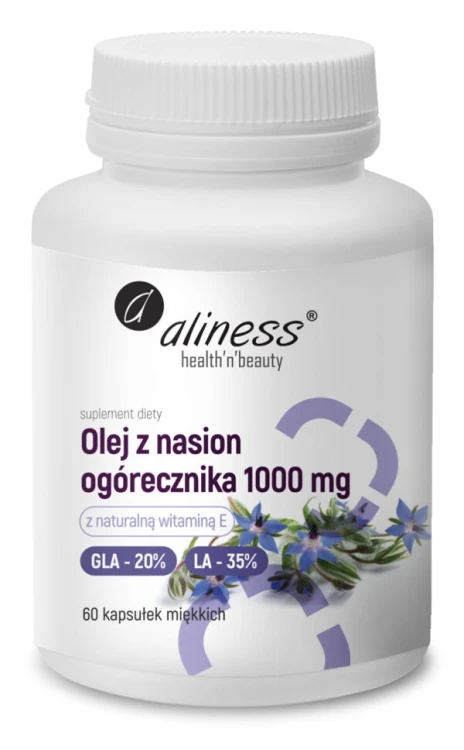 Aliness Olej z nasion ogórecznika 1000 mg (Omega 6) 60 kapsułek miękkich wspiera elastyczność, mobilność stawów i prawidłowy poziom cholesterolu