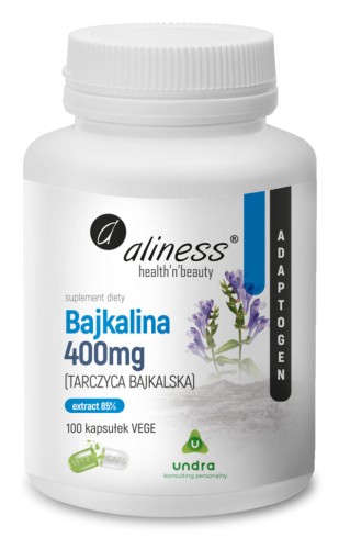 Opakowanie Aliness Bajkalina (Tarczyca Bajkalska) Extract 85% 400 mg, 100 kapsułek VEGE
