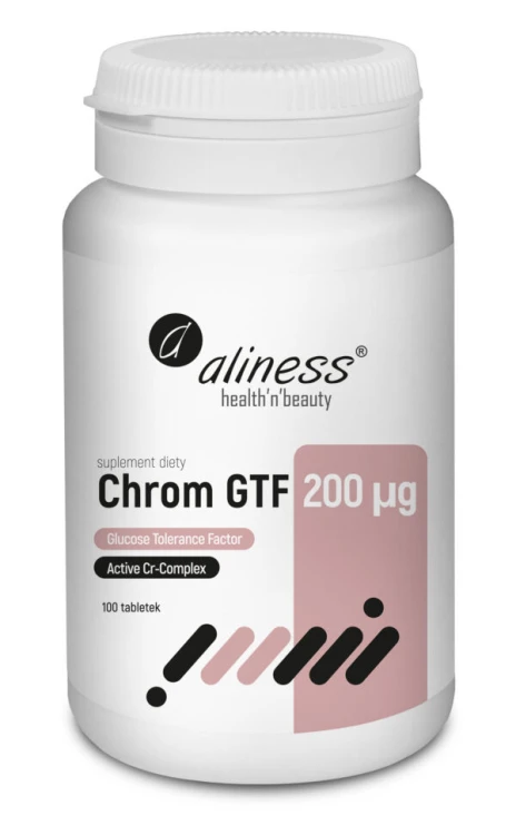Opakowanie Aliness Chrom GTF Active Cr-Complex 200 µg –  100 tabletek z chromem drożdżowym