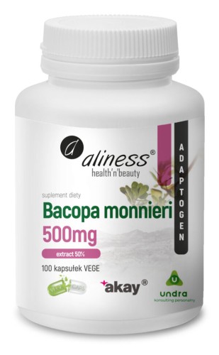 Opakowanie Aliness Bacopa monnieri Extract 50%, 500 mg – 100 kapsułek VEGE