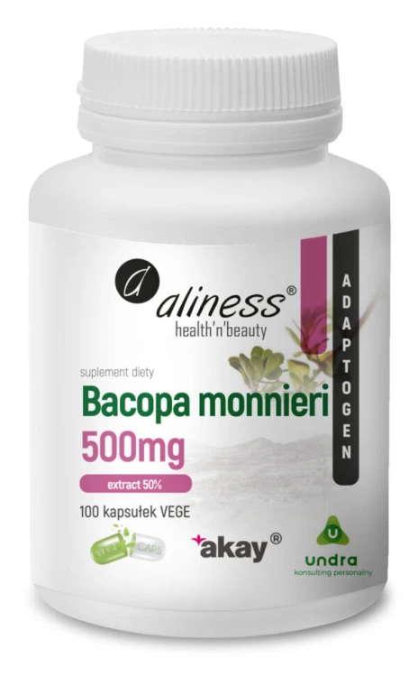 Opakowanie Aliness Bacopa monnieri Extract 50%, 500 mg – 100 kapsułek VEGE