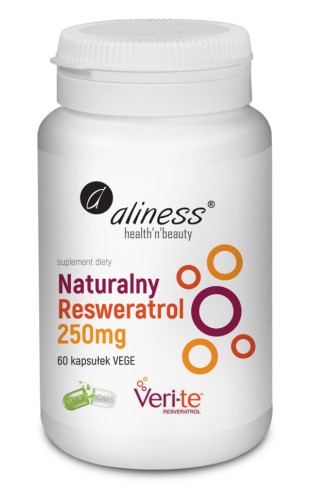 Aliness Naturalny Resweratrol Veri-Te 250mg - 60 kapsułek wspiera układ krążenia, obniża ciśnienie krwi i cholesterol