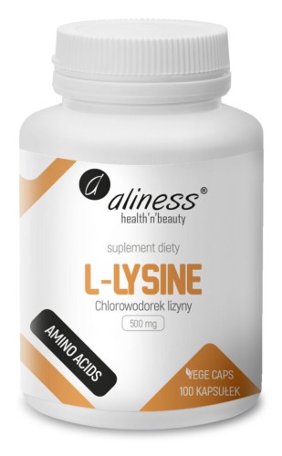 Opakowanie Aliness L-Lysine (L-Lizyna chlorowodorek) 500 mg – 100 kapsułek VEGE