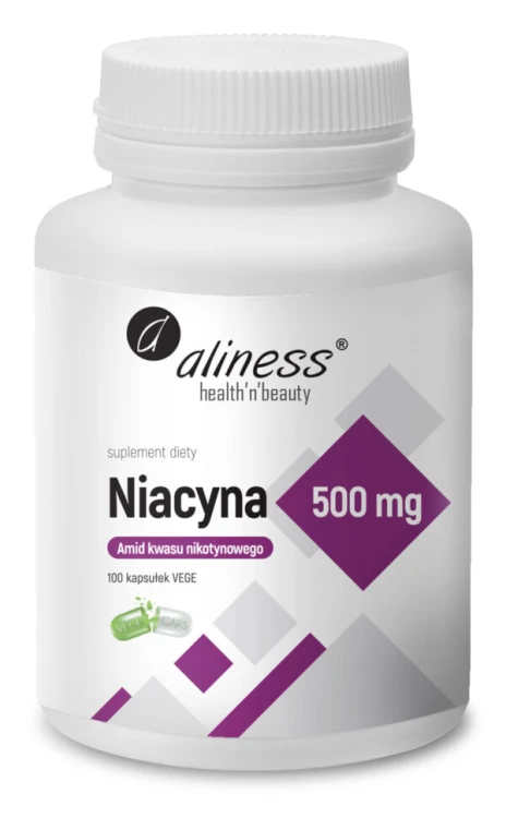 Aliness Niacyna, Amid kwasu nikotynowego 500 mg (Wiamina B3) 100 kapsułek VEGE Wspiera funkcje psychologiczne, Redukuje lęk i stres