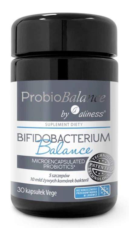 Opakowanie probiotyku Aliness ProbioBALANCE Bifidobacterium Balance 10 mld, butelka ze szkła fioletowego, 30 kapsułek vege