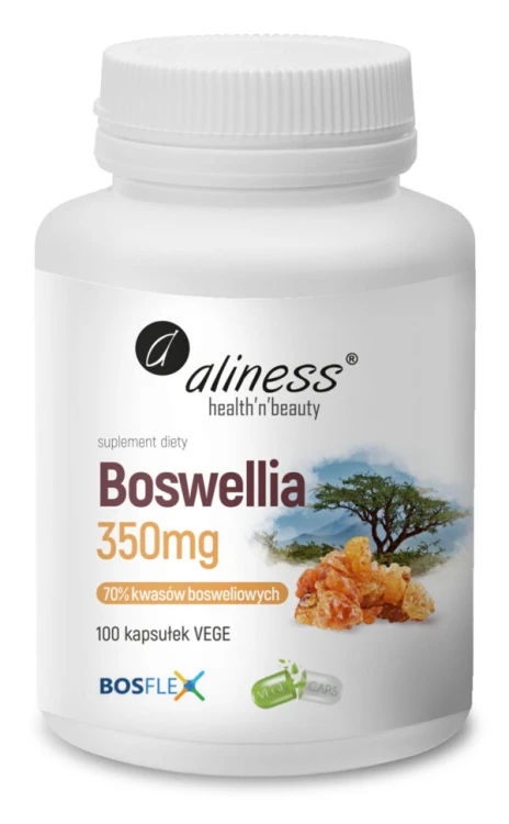Opakowanie suplementu Aliness Boswellia 350 mg z ekstraktem BosFlex® z kadzidłowca indyjskiego, 100 kapsułek vege