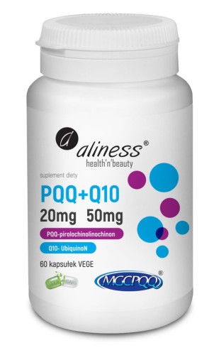 Aliness PQQ MGCPQQ® 20 mg + Q10 50 mg (Koenzym Q10) 60 kapsułek VEGE wspiera zdrowie mózgu, serca i witalność