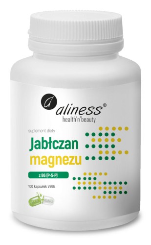 Opakowanie Aliness Jabłczan Magnezu 100 mg z witaminą B6 (P-5-P), 100 kapsułek VEGE